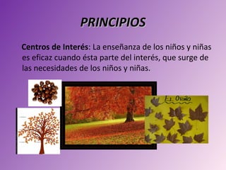 PRINCIPIOS
Centros de Interés: La enseñanza de los niños y niñas
es eficaz cuando ésta parte del interés, que surge de
las necesidades de los niños y niñas.
 