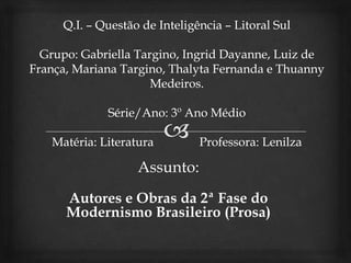 Assunto:
Autores e Obras da 2ª Fase do
Modernismo Brasileiro (Prosa)
 