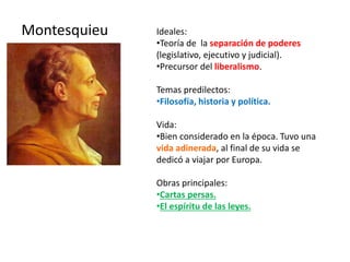 Montesquieu Ideales:
•Teoría de la separación de poderes
(legislativo, ejecutivo y judicial).
•Precursor del liberalismo.
Temas predilectos:
•Filosofía, historia y política.
Vida:
•Bien considerado en la época. Tuvo una
vida adinerada, al final de su vida se
dedicó a viajar por Europa.
Obras principales:
•Cartas persas.
•El espíritu de las leyes.
 