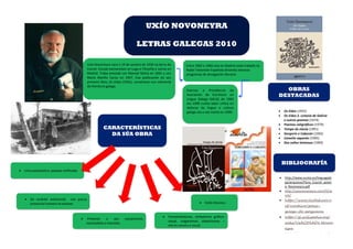 UXÍO NOVONEYRA
LETRAS GALEGAS 2010
Entre 1962 e 1966 vive en Madrid onde traballa na
Radio Televisión Española dirixindo diversos
programas de divulgación literaria.
Uxío Novoneyra nace o 19 de xaneiro de 1930 na Serra do
Courel. Estuda bacharelato en Lugo e Filosofía e Letras en
Madrid. Traba amistad con Manuel María en 1945 y con
María Mariño Carou en 1947. Coa publicación do seu
primeiro libro, Os Eidos (1955), convértese nun referente
da literatura galega.
Exerceu a Presidencia da
Asociación de Escritores en
Lingua Galega (AELG) do 1983
ata 1999 cunha labor crítica en
defensa da lingua e cultura
galega ata a súa morte en 1999.
OBRAS
DESTACADAS
 Os Eidos (1955)
 Os Eidos 2. Letanía de Galicia
e outros poemas (1974)
 Poemas caligráficos (1979)
 Tempo de elexía (1991)
 Gorgorín e Cabezón (1992)
 Camelio xaponés (1995)
 Dos soños teimosos (1999)
CARACTERÍSTICAS
DA SÚA OBRA
 Liríca paisaxística: paisaxe mitificada.
 De carácter existencial: con pouca
presencia humana na paisaxe.
 Fonosimbolismo, simbolismo gráfico-
visual, vulgarismos, dialectismos –
efecto sonoro e visual.
 Presente o seu compromiso
nacionalista e marxista.
 Estilo litúrxico.
BIBLIOGRAFÍA
 http://www.xunta.es/linguagale
ga/arquivos/Flora_Courel_poesi
a_Novoneyra.pdf
 http://uxionovoneyra.com/ES/w
ork/
 http://www.slideshare.n
et/mosteiro/poesa-
galega-de-posguerra
 http://gl.wikipedia.org/
wiki/Ux%C3%ADo_Novon
eyra
 http://www.ecured.cu/in
dex.php/Ux%C3%ADo_No
voneyra
 