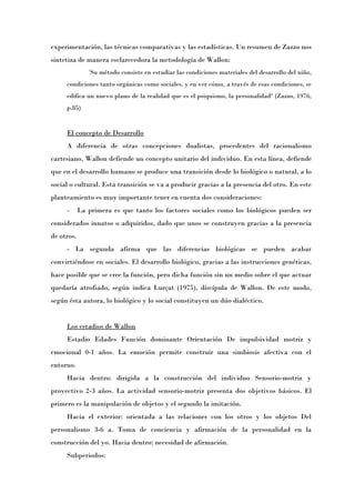 experimentación, las técnicas comparativas y las estadísticas. Un resumen de Zazzo nos
sintetiza de manera esclarecedora la metodología de Wallon:
               «Su método consiste en estudiar las condiciones materiales del desarrollo del niño,
     condiciones tanto orgánicas como sociales, y en ver cómo, a través de esas condiciones, se
     edifica un nuevo plano de la realidad que es el psiquismo, la personalidad» (Zazzo, 1976,
     p.85)


     El concepto de Desarrollo
     A diferencia de otras concepciones dualistas, procedentes del racionalismo
cartesiano, Wallon defiende un concepto unitario del individuo. En esta línea, defiende
que en el desarrollo humano se produce una transición desde lo biológico o natural, a lo
social o cultural. Esta transición se va a producir gracias a la presencia del otro. En este
planteamiento es muy importante tener en cuenta dos consideraciones:
     -      La primera es que tanto los factores sociales como los biológicos pueden ser
considerados innatos o adquiridos, dado que unos se construyen gracias a la presencia
de otros.
     - La segunda afirma que las diferencias biológicas se pueden acabar
convirtiéndose en sociales. El desarrollo biológico, gracias a las instrucciones genéticas,
hace posible que se cree la función, pero dicha función sin un medio sobre el que actuar
quedaría atrofiado, según indica Lurçat (1975), discípula de Wallon. De este modo,
según ésta autora, lo biológico y lo social constituyen un dúo dialéctico.


     Los estadios de Wallon
     Estadio Edades Función dominante Orientación De impulsividad motriz y
emocional 0-1 años. La emoción permite construir una simbiosis afectiva con el
entorno.
     Hacia dentro: dirigida a la construcción del individuo Sensorio-motriz y
proyectivo 2-3 años. La actividad sensorio-motriz presenta dos objetivos básicos. El
primero es la manipulación de objetos y el segundo la imitación.
     Hacia el exterior: orientada a las relaciones con los otros y los objetos Del
personalismo 3-6 a. Toma de conciencia y afirmación de la personalidad en la
construcción del yo. Hacia dentro: necesidad de afirmación.
     Subperiodos:
 