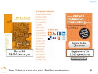 Algunos hechos
• Internet tiene un crecimiento imparable.
• No se pueden poner “puertas al campo”.
• El usuario decide qué, cómo, cuándo y
  dónde consume contenidos.
• Mientras estamos sentados alguien está
  pensando en como romper las trabas.
• Hay mercado para todos pero … todo se
  personaliza.
• La era de las microaudiencias.

 Curso: “El eBook: de la teoría a la práctica” - David Soler www.davidsoler.es   32
 