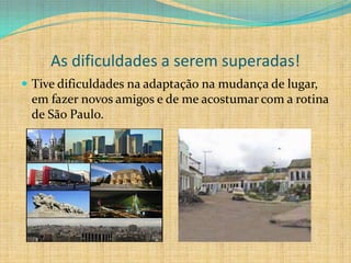 As dificuldades a serem superadas!
 Tive dificuldades na adaptação na mudança de lugar,
 em fazer novos amigos e de me acostumar com a rotina
 de São Paulo.
 