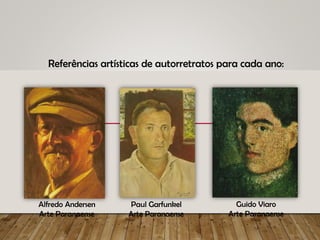 Referências artísticas de autorretratos para cada ano:
Paul Garfunkel
Arte Paranaense
Alfredo Andersen
Arte Paranaense
Guido Viaro
Arte Paranaense
 
