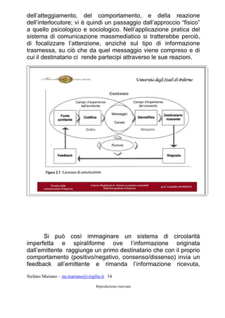 Stefano Mariano – ste.mariano@virgilio.it 34
Riproduzione riservata
dell’atteggiamento, del comportamento, e della reazione
dell’interlocutore; vi è quindi un passaggio dall’approccio “fisico”
a quello psicologico e sociologico. Nell’applicazione pratica del
sistema di comunicazione massmediatico si tratterebbe perciò,
di focalizzare l’attenzione, anziché sul tipo di informazione
trasmessa, su ciò che da quel messaggio viene compreso e di
cui il destinatario ci rende partecipi attraverso le sue reazioni.
Si può così immaginare un sistema di circolarità
imperfetta e spiraliforme ove l’informazione originata
dall’emittente raggiunge un primo destinatario che con il proprio
comportamento (positivo/negativo, consenso/dissenso) invia un
feedback all’emittente e rimanda l’informazione ricevuta,
 