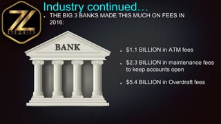 Industry continued…
THE BIG 3 BANKS MADE THIS MUCH ON FEES IN
2016:
$1.1 BILLION in ATM fees
$2.3 BILLION in maintenance f...