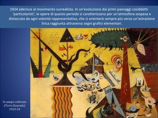 Il campo coltivato
(Terra llaurada)
1923-24
1924 aderisce al movimento surrealista. In un'evoluzione dai primi paesaggi cosiddetti
'particolaristi', le opere di questo periodo si caratterizzano per un'atmosfera sospesa e
distaccata da ogni volontà rappresentativa, che si orienterà sempre più verso un'astrazione
lirica raggiunta attraverso segni grafici elementari.
 