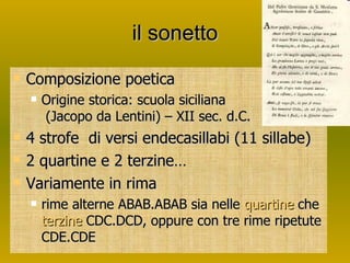 il sonetto Composizione poetica Origine storica: scuola siciliana  (Jacopo da Lentini) – XII sec. d.C. 4 strofe  di versi endecasillabi (11 sillabe) 2 quartine e 2 terzine… Variamente in rima rime alterne ABAB.ABAB sia nelle  quartine  che  terzine  CDC.DCD, oppure con tre rime ripetute CDE.CDE 