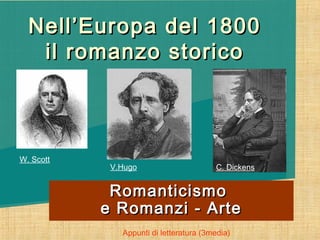 Nell’Europa del 1800
   il romanzo storico



W. Scott
            V.Hugo                      C. Dickens


            Romanticismo
           e Romanzi - Arte
              Appunti di letteratura (3media)
 