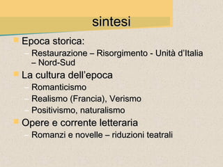 sintesi
 Epoca storica:
  – Restaurazione – Risorgimento - Unità d’Italia
    – Nord-Sud
 La cultura dell’epoca
  –   Romanticismo
  –   Realismo (Francia), Verismo
  –   Positivismo, naturalismo
 Opere e corrente letteraria
  – Romanzi e novelle – riduzioni teatrali
 