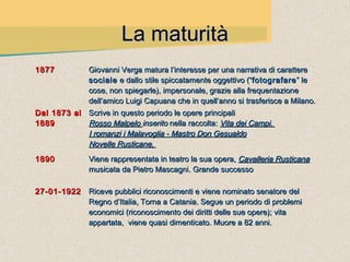 La maturità
1877        Giovanni Verga matura l’interesse per una narrativa di carattere
            sociale e dallo stile spiccatamente oggettivo (“fotografare ” le
            cose, non spiegarle), impersonale, grazie alla frequentazione
            dell’amico Luigi Capuana che in quell’anno si trasferisce a Milano.
Dal 1873 al Scrive in questo periodo le opere principali
1889        Rosso Malpelo inserito nella raccolta: Vita dei Campi,
            I romanzi i Malavoglia - Mastro Don Gesualdo
            Novelle Rusticane,
1890           Viene rappresentata in teatro la sua opera, Cavalleria Rusticana
               musicata da Pietro Mascagni. Grande successo

27-01-1922     Riceve pubblici riconoscimenti e viene nominato senatore del
               Regno d’Italia, Torna a Catania. Segue un periodo di problemi
               economici (riconoscimento dei diritti delle sue opere); vita
               appartata, viene quasi dimenticato. Muore a 82 anni.
 