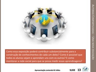 Apresentação contendo 62 sildes
AUTORIASCOMPARTILHADAS–UMANOVAEDUCAÇÃO
13SLIDE
Como essa exposição poderá contribuir substancialmente para a
construção de conhecimentos de cada um deles? Como é possível que
todos os alunos vejam e aprendam uns com os outros? E como
monitorar a rede social para que se possa medir essas aprendizagens?
 