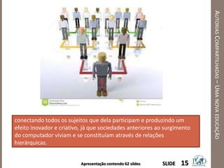 Apresentação contendo 62 sildes
AUTORIASCOMPARTILHADAS–UMANOVAEDUCAÇÃO
15SLIDE
conectando todos os sujeitos que dela participam e produzindo um
efeito inovador e criativo, já que sociedades anteriores ao surgimento
do computador viviam e se constituíam através de relações
hierárquicas.
 
