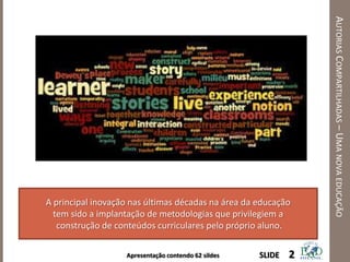 Apresentação contendo 62 sildes
AUTORIASCOMPARTILHADAS–UMANOVAEDUCAÇÃO
A principal inovação nas últimas décadas na área da educação
tem sido a implantação de metodologias que privilegiem a
construção de conteúdos curriculares pelo próprio aluno.
2SLIDE
 