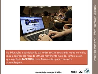 Apresentação contendo 62 sildes
AUTORIASCOMPARTILHADAS–UMANOVAEDUCAÇÃO
22SLIDE
Na Educação, a participação das redes sociais está ainda muito no início,
mas já representa mais de 30% do movimento na rede, tanto é assim,
que o próprio FACEBOOK criou ferramentas para o ensino e
aprendizagem.
 