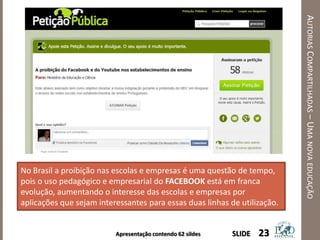 Apresentação contendo 62 sildes
AUTORIASCOMPARTILHADAS–UMANOVAEDUCAÇÃO
23SLIDE
No Brasil a proibição nas escolas e empresas é uma questão de tempo,
pois o uso pedagógico e empresarial do FACEBOOK está em franca
evolução, aumentando o interesse das escolas e empresas por
aplicações que sejam interessantes para essas duas linhas de utilização.
 