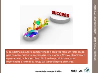 Apresentação contendo 62 sildes
AUTORIASCOMPARTILHADAS–UMANOVAEDUCAÇÃO
25SLIDE
O paradigma da autoria compartilhada é cada vez mais um forte aliado
para compreender o tal sucesso das redes sociais. Nosso entendimento
e pensamento sobre as coisas não é mais o produto de nossas
experiências e leituras ao longo das aprendizagens escolares.
 