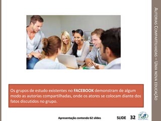 Apresentação contendo 62 sildes
AUTORIASCOMPARTILHADAS–UMANOVAEDUCAÇÃO
32SLIDE
Os grupos de estudo existentes no FACEBOOK demonstram de algum
modo as autorias compartilhadas, onde os atores se colocam diante dos
fatos discutidos no grupo.
 