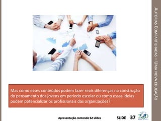 Apresentação contendo 62 sildes
AUTORIASCOMPARTILHADAS–UMANOVAEDUCAÇÃO
37SLIDE
Mas como esses conteúdos podem fazer reais diferenças na construção
do pensamento dos jovens em período escolar ou como essas ideias
podem potencializar os profissionais das organizações?
 