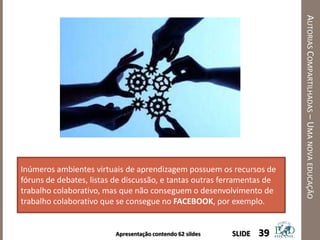 Apresentação contendo 62 sildes
AUTORIASCOMPARTILHADAS–UMANOVAEDUCAÇÃO
39SLIDE
Inúmeros ambientes virtuais de aprendizagem possuem os recursos de
fóruns de debates, listas de discussão, e tantas outras ferramentas de
trabalho colaborativo, mas que não conseguem o desenvolvimento de
trabalho colaborativo que se consegue no FACEBOOK, por exemplo.
 