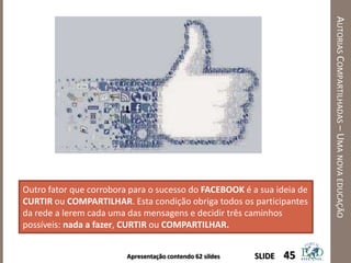 Apresentação contendo 62 sildes
AUTORIASCOMPARTILHADAS–UMANOVAEDUCAÇÃO
45SLIDE
Outro fator que corrobora para o sucesso do FACEBOOK é a sua ideia de
CURTIR ou COMPARTILHAR. Esta condição obriga todos os participantes
da rede a lerem cada uma das mensagens e decidir três caminhos
possíveis: nada a fazer, CURTIR ou COMPARTILHAR.
 