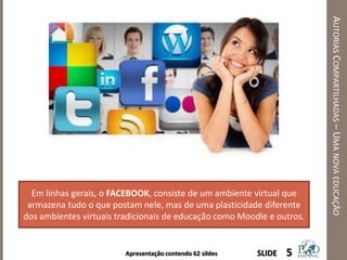 Apresentação contendo 62 sildes
AUTORIASCOMPARTILHADAS–UMANOVAEDUCAÇÃO
5SLIDE
Em linhas gerais, o FACEBOOK, consiste de um ambiente virtual que
armazena tudo o que postam nele, mas de uma plasticidade diferente
dos ambientes virtuais tradicionais de educação como Moodle e outros.
 
