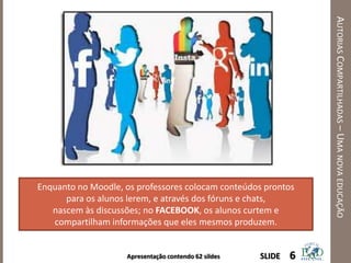 Apresentação contendo 62 sildes
AUTORIASCOMPARTILHADAS–UMANOVAEDUCAÇÃO
6SLIDE
Enquanto no Moodle, os professores colocam conteúdos prontos
para os alunos lerem, e através dos fóruns e chats,
nascem às discussões; no FACEBOOK, os alunos curtem e
compartilham informações que eles mesmos produzem.
 