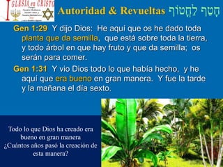 ‫ֳטֹוף‬‫ח‬ַ‫ל‬ ‫ף‬ַ‫ט‬ָ‫ח‬Autoridad & Revueltas
Gen 1:29 Y dijo Dios: He aquí que os he dado toda
planta que da semilla, que está sobre toda la tierra,
y todo árbol en que hay fruto y que da semilla; os
serán para comer.
Gen 1:31 Y vio Dios todo lo que había hecho, y he
aquí que era bueno en gran manera. Y fue la tarde
y la mañana el día sexto.
Todo lo que Dios ha creado era
bueno en gran manera
¿Cuántos años pasó la creación de
esta manera?
 