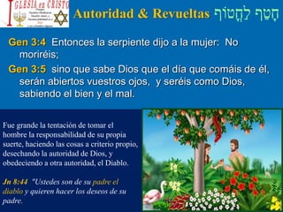 ‫ֳטֹוף‬‫ח‬ַ‫ל‬ ‫ף‬ַ‫ט‬ָ‫ח‬Autoridad & Revueltas
Gen 3:4 Entonces la serpiente dijo a la mujer: No
moriréis;
Gen 3:5 sino que sabe Dios que el día que comáis de él,
serán abiertos vuestros ojos, y seréis como Dios,
sabiendo el bien y el mal.
Fue grande la tentación de tomar el
hombre la responsabilidad de su propia
suerte, haciendo las cosas a criterio propio,
desechando la autoridad de Dios, y
obedeciendo a otra autoridad, el Diablo.
Jn 8:44 "Ustedes son de su padre el
diablo y quieren hacer los deseos de su
padre.
 