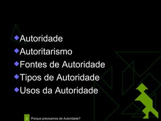 Plano Autoridade Autoritarismo Fontes de Autoridade Tipos de Autoridade Usos da Autoridade 