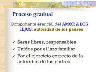 Proceso gradual
Componente esencial del AMOR A LOS
HIJOS: autoridad de los padres
 Seres libres, responsables
 Unidos por el lazo familiar
 Por el ejercicio correcto de la
autoridad de los padres
 