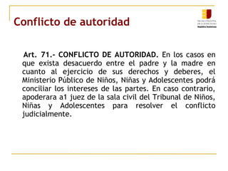Conflicto de autoridad 
Art. 71.- CONFLICTO DE AUTORIDAD. En los casos en 
que exista desacuerdo entre el padre y la madre en 
cuanto al ejercicio de sus derechos y deberes, el 
Ministerio Público de Niños, Niñas y Adolescentes podrá 
conciliar los intereses de las partes. En caso contrario, 
apoderara a1 juez de la sala civil del Tribunal de Niños, 
Niñas y Adolescentes para resolver el conflicto 
judicialmente. 
 