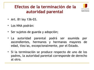 Efectos de la terminación de la 
autoridad parental 
• Art. 81 ley 136-03. 
• Los NNA podrán: 
• Ser sujetos de guarda y adopción; 
• La autoridad parental podrá ser asumida por 
ascendientes, hermanos y hermanas mayores de 
edad, tíos/as, excepcionalmente, por el Estado. 
• Si la terminación se produce respecto de uno de los 
padres, la autoridad parental corresponde de derecho 
al otro. 
