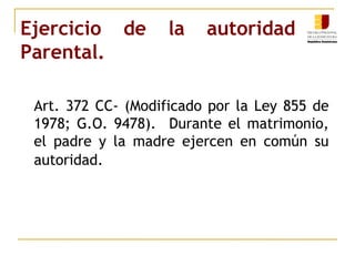 Ejercicio de la autoridad 
Parental. 
Art. 372 CC- (Modificado por la Ley 855 de 
1978; G.O. 9478). Durante el matrimonio, 
el padre y la madre ejercen en común su 
autoridad. 
 