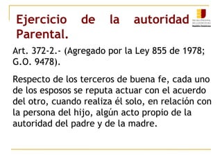 Ejercicio de la autoridad 
Parental. 
Art. 372-2.- (Agregado por la Ley 855 de 1978; 
G.O. 9478). 
Respecto de los terceros de buena fe, cada uno 
de los esposos se reputa actuar con el acuerdo 
del otro, cuando realiza él solo, en relación con 
la persona del hijo, algún acto propio de la 
autoridad del padre y de la madre. 
 