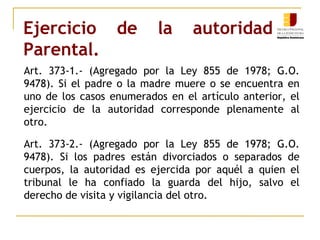 Ejercicio de la autoridad 
Parental. 
Art. 373-1.- (Agregado por la Ley 855 de 1978; G.O. 
9478). Si el padre o la madre muere o se encuentra en 
uno de los casos enumerados en el artículo anterior, el 
ejercicio de la autoridad corresponde plenamente al 
otro. 
Art. 373-2.- (Agregado por la Ley 855 de 1978; G.O. 
9478). Si los padres están divorciados o separados de 
cuerpos, la autoridad es ejercida por aquél a quien el 
tribunal le ha confiado la guarda del hijo, salvo el 
derecho de visita y vigilancia del otro. 
 
