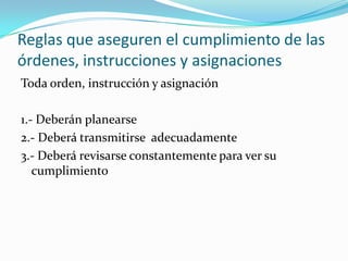 Reglas que aseguren el cumplimiento de las órdenes, instrucciones y asignacionesToda orden, instrucción y asignación 1.- Deberán planearse2.- Deberá transmitirse  adecuadamente 3.- Deberá revisarse constantemente para ver su cumplimiento