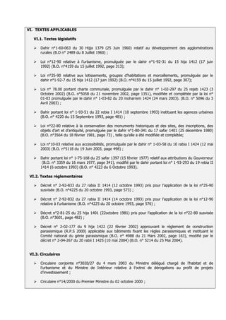 VI. TEXTES APPLICABLES

   VI.1. Textes législatifs

      Dahir n°1-60-063 du 30 Hijja 1379 (25 Juin 1960) relatif au développement des agglomérations
       rurales (B.O n° 2489 du 8 Juillet 1960) ;

      Loi n°12-90 relative à l’urbanisme, promulguée par le dahir n°1-92-31 du 15 hija 1412 (17 juin
       1992) (B.O. n°4159 du 15 juillet 1992, page 313);

      Loi n°25-90 relative aux lotissements, groupes d’habitations et morcellements, promulguée par le
       dahir n°1-92-7 du 15 hija 1412 (17 juin 1992) (B.O. n°4159 du 15 juillet 1992, page 307);

      Loi n° 78.00 portant charte communale, promulguée par le dahir n° 1-02-297 du 25 rejeb 1423 (3
       Octobre 2002) (B.O. n°5058 du 21 novembre 2002, page 1351), modifiée et complétée par la loi n°
       01-03 promulguée par le dahir n° 1-03-82 du 20 moharrem 1424 (24 mars 2003). (B.O. n° 5096 du 3
       Avril 2003) ;

      Dahir portant loi n° 1-93-51 du 22 rebia I 1414 (10 septembre 1993) instituant les agences urbaines
       (B.O. n° 4220 du 15 Septembre 1993, page 481) ;

      Loi n°22-80 relative à la conservation des monuments historiques et des sites, des inscriptions, des
       objets d’art et d’antiquité, promulguée par le dahir n°1-80-341 du 17 safar 1401 (25 décembre 1980)
       (B.O. n°3564 du 18 février 1981, page 73) , telle qu’elle a été modifiée et complétée;

      Loi n°10-03 relative aux accessibilités, promulguée par le dahir n° 1-03-58 du 10 rabia I 1424 (12 mai
       2003) (B.O. n°5118 du 19 Juin 2003, page 498) ;

      Dahir portant loi n° 1-75-168 du 25 safar 1397 (15 février 1977) relatif aux attributions du Gouverneur
        (B.O. n° 3359 du 16 mars 1977, page 341), modifié par le dahir portant loi n° 1-93-293 du 19 rebia II
       1414 (6 octobre 1993) (B.O. n° 4223 du 6 Octobre 1993).

 VI.2. Textes réglementaires

      Décret n° 2-92-833 du 27 rabia II 1414 (12 octobre 1993) pris pour l’application de la loi n°25-90
       susvisée (B.O. n°4225 du 20 octobre 1993, page 573) ;

      Décret n° 2-92-832 du 27 rabia II 1414 (14 octobre 1993) pris pour l’application de la loi n°12-90
       relative à l’urbanisme (B.O. n°4225 du 20 octobre 1993, page 576) ;

      Décret n°2-81-25 du 25 hija 1401 (22octobre 1981) pris pour l’application de la loi n°22-80 susvisée
       (B.O. n°3601, page 482) ;

      Décret n° 2-02-177 du 9 hija 1422 (22 février 2002) approuvant le règlement de construction
       parasismique (R.P.S 2000) applicable aux bâtiments fixant les règles parasismiques et instituant le
       Comité national du génie parasismique (B.O. n° 4988 du 21 Mars 2002, page 163), modifié par le
       décret n° 2-04-267 du 20 rabii I 1425 (10 mai 2004) (B.O. n° 5214 du 25 Mai 2004).


 VI.3. Circulaires

      Circulaire conjointe n°3020/27 du 4 mars 2003 du Ministre délégué chargé de l’habitat et de
       l’urbanisme et du Ministre de Intérieur relative à l’octroi de dérogations au profit de projets
       d’investissement ;

      Circulaire n°14/2000 du Premier Ministre du 02 octobre 2000 ;
 