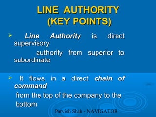 Purvish Shah - NAVIGATOR
LINE AUTHORITYLINE AUTHORITY
(KEY POINTS)(KEY POINTS)
 Line AuthorityLine Authority is directis direct
supervisorysupervisory
authority from superior toauthority from superior to
subordinatesubordinate
 It flows in a directIt flows in a direct chain ofchain of
commandcommand
from the top of the company to thefrom the top of the company to the
bottombottom
 