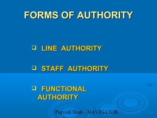 Purvish Shah - NAVIGATOR
FORMS OF AUTHORITYFORMS OF AUTHORITY
 LINE AUTHORITYLINE AUTHORITY
 STAFF AUTHORITYSTAFF AUTHORITY
 FUNCTIONALFUNCTIONAL
AUTHORITYAUTHORITY
 