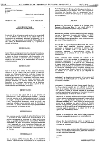 Autoriza La CreacióN De La Empresa Mixta Petrolera Sinovensa, S.A.