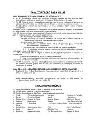 DA AUTORIZAÇÃO PARA VIAJAR
Lei nº 8069/90 - ESTATUTO DA CRIANÇA E DO ADOLESCENTE
• art. 2º. Considera-se criança, para os efeitos desta Lei, a pessoa até doze anos de idade
     incompletos, e adolescente aquela entre 12 (doze) e 18 (dezoito) anos de idade.
• Art. 33. A guarda obriga à prestação de assistência material, moral e educacional à criança ou
     adolescente, conferindo a seu detentor o direito de opor-se a terceiros, inclusive aos pais.
• Art. 36 A tutela será deferida, nos termos da Lei civil, a pessoa de até 21 (vinte e um) anos
     incompletos.
Parágrafo único. O deferimento da tutela pressupõe a prévia decretação da perda ou suspensão
do pátrio poder e implica necessariamente o dever de guarda.
- art. 83. Nenhuma criança poderá viajar para fora da comarca onde reside, desacompanhada dos
pais ou responsável, sem expressa autorização judicial.
           § 1º . A autorização deverá ser exigida quando:
              tratar-se de comarca contígua à residência da criança, se na mesma unidade da
                   Federação, ou incluída na mesma região metropolitana;
              a criança estiver acompanhada:
                   de ascendente ou colateral maior, até o 3º (terceiro) grau, comprovado
                        documentalmente e parentesco;
                   de pessoa maior, expressamente autorizada pelo pai, mãe ou responsável.
                  § 2º . A autoridade judiciária poderá, a pedido dos pais ou responsável, conceder
autorização válida por 2 (dois) anos.
-     art. 84. Quando se tratar de viagem ao exterior, a autorização é dispensável, se a criança ou
adolescente:
            I - estiver acompanhado de ambos os pais ou responsável;
            II - viajar na companhia de um dos pais, autorizado expressamente pelo outro através de
documento com firma reconhecida.
• art. 85. Sem prévia e expressa autorização judicial, nenhuma criança ou adolescente nascido
     em território nacional poderá sair do Pais em companhia de estrangeiro residente ou
     domiciliado no exterior.

Prov. CG nº 59/89 - NORAMS DE SERVIÇO DA CORREGEDORIA GERAL DA JUSTIÇA
• Capítulo XI, item 41. Quando se tratar de viagem ao exterior, a autoridade é responsável, se a
   criança ou adolescente (2):
   ...
   ...
   viajar desacompanhado, autorizado expressamente por ambos os pais através de
       documentação com firmas reconhecidas (3).


                               TROCANDO EM MIÚDOS
01.   Criança = menor de zero a 11 anos, 11 meses e 29 dias de idade.
02.   Adolescente = menor de 12 a 18 anos de idade.
03.   Região Metropolitana de São Paulo = abrange as seguintes cidades:
•     Arujá          - Ferras de Vasconcelos   - Mairiporã                 - Santana do Parnaíba
•     Barueri        - Francisco Morato         - Mauá                      - Santo André
•     Biritiba-Mirim - Franco da Rocha         - Mogi da Cruzes            - São B. do Campo
•     Cajamar        - Guararema               - Osasco                     - São Caetano do Sul
•     Caleiras        - Guarulhos                   - Pirapora do Bom Jesus - São Lourenço da
      Serra
•     Carapicuiba - Itapecirica da Serra       - Poá                       - São Paulo (Capital)
•     Cotia          - Itapevi                  - Ribeirão Pires            - Suzano
•     Diadema        - Itaquaquecetuba         - Rio Grande da Serra      - Taboão da Serra
 