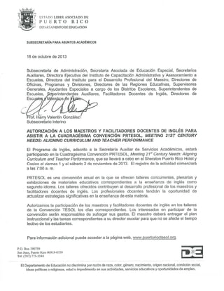 Puerto Rico DE Memo authorizing English teachers participation in the 2013 PRTESOL Convention