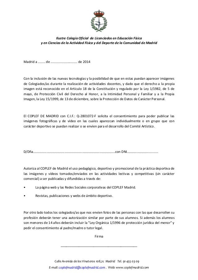 Autorización derechos de imagen COPLEF de Madrid Autorización derechos de imagen COPLEF de Madrid