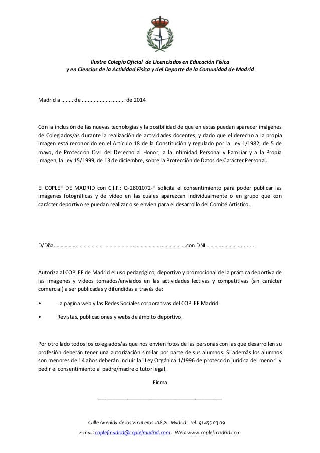 Autorización derechos de imagen COPLEF de Madrid