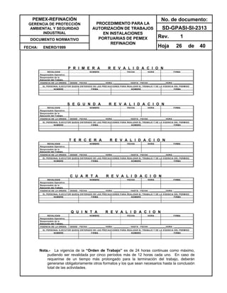 PEMEX-REFINACIÓN
GERENCIA DE PROTECCIÓN
AMBIENTAL Y SEGURIDAD
INDUSTRIAL
DOCUMENTO NORMATIVO
FECHA: ENERO/1999
PROCEDIMIENTO PARA LA
AUTORIZACIÓN DE TRABAJOS
EN INSTALACIONES
PORTUARIAS DE PEMEX
REFINACION
No. de documento:
SD-GPASI-SI-2313
Rev. 1
Hoja 26 de 40
P R I M E R A R E V A L I D A C I O N
REVALIDAN NOMBRE FECHA HORA FIRMA
Responsable Operativo.
Responsable de la
Ejecución del Trabajo.
VIGENCIA DE LA ORDEN. DESDE : FECHA : _____________ HORA : ____________ ; HASTA : FECHA : _____________HORA : ______________
EL PERSONAL EJECUTOR QUEDA ENTERADO DE LAS PRECAUCIONES PARA REALIZAR EL TRABAJO Y DE LA VIGENCIA DEL PERMISO
NOMBRE FIRMA NOMBRE FIRMA
S E G U N D A R E V A L I D A C I O N
REVALIDAN NOMBRE FECHA HORA FIRMA
Responsable Operativo.
Responsable de la
Ejecución del Trabajo.
VIGENCIA DE LA ORDEN. DESDE : FECHA : _____________ HORA : ____________ ; HASTA : FECHA : _____________HORA : ______________
EL PERSONAL EJECUTOR QUEDA ENTERADO DE LAS PRECAUCIONES PARA REALIZAR EL TRABAJO Y DE LA VIGENCIA DEL PERMISO
NOMBRE FIRMA NOMBRE FIRMA
T E R C E R A R E V A L I D A C I O N
REVALIDAN NOMBRE FECHA HORA FIRMA
Responsable Operativo.
Responsable de la
Ejecución del Trabajo.
VIGENCIA DE LA ORDEN. DESDE : FECHA : _____________ HORA : ____________ ; HASTA : FECHA : _____________HORA : ______________
EL PERSONAL EJECUTOR QUEDA ENTERADO DE LAS PRECAUCIONES PARA REALIZAR EL TRABAJO Y DE LA VIGENCIA DEL PERMISO
NOMBRE FIRMA NOMBRE FIRMA
C U A R T A R E V A L I D A C I O N
REVALIDAN NOMBRE FECHA HORA FIRMA
Responsable Operativo.
Responsable de la
Ejecución del Trabajo.
VIGENCIA DE LA ORDEN. DESDE : FECHA : _____________ HORA : ____________ ; HASTA : FECHA : _____________HORA : ______________
EL PERSONAL EJECUTOR QUEDA ENTERADO DE LAS PRECAUCIONES PARA REALIZAR EL TRABAJO Y DE LA VIGENCIA DEL PERMISO
NOMBRE FIRMA NOMBRE FIRMA
Q U I N T A R E V A L I D A C I O N
REVALIDAN NOMBRE FECHA HORA FIRMA
Responsable Operativo.
Responsable de la
Ejecución del Trabajo.
VIGENCIA DE LA ORDEN. DESDE : FECHA : _____________ HORA : ____________ ; HASTA : FECHA : _____________HORA : ______________
EL PERSONAL EJECUTOR QUEDA ENTERADO DE LAS PRECAUCIONES PARA REALIZAR EL TRABAJO Y DE LA VIGENCIA DEL PERMISO
NOMBRE FIRMA NOMBRE FIRMA
Nota.- La vigencia de la “Orden de Trabajo” es de 24 horas continuas como máximo,
pudiendo ser revalidada por cinco períodos más de 12 horas cada uno. En caso de
requerirse de un tiempo más prolongado para la terminación del trabajo, deberán
generarse obligatoriamente otros formatos y los que sean necesarios hasta la conclusión
total de las actividades.
 