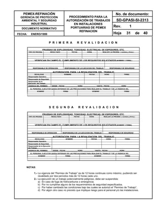 PEMEX-REFINACIÓN
GERENCIA DE PROTECCIÓN
AMBIENTAL Y SEGURIDAD
INDUSTRIAL
DOCUMENTO NORMATIVO
FECHA: ENERO/1999
PROCEDIMIENTO PARA LA
AUTORIZACIÓN DE TRABAJOS
EN INSTALACIONES
PORTUARIAS DE PEMEX
REFINACION
No. de documento:
SD-GPASI-SI-2313
Rev. 1
Hoja 31 de 40
P R I M E R A R E V A L I D A C I O N
PRUEBAS DE EXPLOSIVIDAD, TOXICIDAD, ELECTRICAS, DE ESPESORES, ETC.
TIPO DE PRUEBA RESULTADO FECHA HORA REALIZO LA PRUEBA ( nombre y firma )
VERIFICAN EN CAMPO EL CUMPLIMIENTO DE LOS REQUISITOS SOLICITADOS (NOMBRE Y FIRMA )
RESPONSABLE DE OPERACION RESPONSABLE DE LA EJECUCION DEL TRABAJO RESPONSABLE DE SEGURIDAD
AUTORIZACION PARA LA REVALIDACION DEL TRABAJO
REVALIDAN NOMBRE FECHA HORA FIRMA
Responsable Operativo.
Responsable de Seguridad.
Responsable de la
Ejecución del Trabajo.
VIGENCIA DEL PERMISO. DESDE : FECHA : _____________ HORA : _____________ : HASTA : FECHA : ____________HORA : ____________
EL PERSONAL EJECUTOR QUEDA ENTERADO DE LAS PRECAUCIONES PARA REALIZAR EL TRABAJO Y DE LA VIGENCIA DEL
PERMISONOMBRE FIRMA NOMBRE FIRMA
S E G U N D A R E V A L I D A C I O N
PRUEBAS DE EXPLOSIVIDAD, TOXICIDAD, ELECTRICAS, DE ESPESORES, ETC.
TIPO DE PRUEBA RESULTADO FECHA HORA REALIZO LA PRUEBA ( nombre y firma )
VERIFICAN EN CAMPO EL CUMPLIMIENTO DE LOS REQUISITOS SOLICITADOS (NOMBRE Y FIRMA)
RESPONSABLE DE OPERACION RESPONSABLE DE LA EJECUCION DEL TRABAJO RESPONSABLE DE SEGURIDAD
AUTORIZACION PARA LA REVALIDACION DEL TRABAJO
REVALIDAN NOMBRE FECHA HORA FIRMA
Responsable Operativo.
Responsable de Seguridad.
Responsable de la Ejecución
del Trabajo.
VIGENCIA DEL PERMISO. DESDE : FECHA : ____________ HORA : ___________ : HASTA : FECHA : ____________HORA : ______________
EL PERSONAL EJECUTOR QUEDA ENTERADO DE LAS PRECAUCIONES PARA REALIZAR EL TRABAJO Y DE LA VIGENCIA DEL
PERMISO NOMBRE FIRMA NOMBRE FIRMA
NOTAS:
1.- La vigencia del “Permiso de Trabajo” es de 12 horas continuas como máximo, pudiendo ser
revalidado por dos períodos más de 12 horas cada uno.
2.- La ejecución de un trabajo potencialmente peligroso, debe ser suspendida:
a) En caso de fuga de hidrocarburos o emergencia.
b) Por no cumplirse alguno de los requerimientos de seguridad especificados.
c) Por haber cambiado las condiciones bajo las cuales se autorizó el “Permiso de Trabajo”.
d) Por algún otro caso no previsto que implique riesgo para el personal y/o las instalaciones.
 