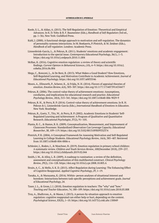 AUTORREGULACIÓN EN EL APRENDIZAJE
Daniel Trías Juan Antonio Huertas
118
Koole, S. L., & Aldao, A. (2015). The Self-Regulation of Emotion: Theoretical and Empirical
Advances. In K. D. Vohs & R. F. Baumeister (Eds.), Handbook of Self-Regulation (3rd ed.,
pp. 1–36). New York: Guildford Press.
Kuhl, J. (2000). A functional-design approach to motivation and self-regulation. The dynamics
of personality systems interactions. In M. Boekaerts, P. Pintrich, & M. Zeidner (Eds.),
Handbook of self-regulation. Londres: Academic Press.
Linnenbrink-García, L., & Pekrun, R. (2011). Students’ emotions and academic engagement:
Introduction to the special issue. Contemporary Educational Psychology, 36(1), 1–3.
https://doi.org/10.1016/j.cedpsych.2010.11.004
McRae, K. (2016). Cognitive emotion regulation: a review of theory and scientific
findings. Current Opinion in Behavioral Sciences, (10), 4–9. https://doi.org/10.1016/j.
cobeha.2016.06.004
Mega, C., Ronconi, L., & De Beni, R. (2013). What Makes a Good Student? How Emotions,
Self-Regulated Learning, and Motivation Contribute to Academic Achievement. Journal of
Educational Psychology. https://doi.org/10.1037/a0033546
Moors, A., Ellsworth, P., Scherer, K., & Frijda, N. H. (2014). Flavors of appraisal theories of
emotion. Emotion Review, 6(4), 303–307. https://doi.org/10.1177/1754073914534477
Pekrun, R. (2006). The control-value theory of achievement emotions: Assumptions,
corollaries, and implications for educational research and practice. Educational
Psychology Review, 18(4), 315–341. https://doi.org/10.1007/s10648-006-9029-9
Pekrun, R. H., & Perry, R. P. (2014). Control-value theory of achievement emotions. In R. H.
Pekrun & L. Linnenbrink-García (Eds.), International Handbook of Emotions in Education.
New York: Routledge.
Pekrun, R., Goetz, T., Titz, W., & Perry, R. P. (2002). Academic Emotions in Students’ Self-
Regulated Learning and Achievement: A Program of Qualitative and Quantitative
Research. Educational Psychologist, 37(2), 91–105.
Pianta, R. C., & Hamre, B. K. (2009). Conceptualization, Measurement, and Improvement of
Classroom Processes: Standardized Observation Can Leverage Capacity. Educational
Researcher, 38, 109–119. https://doi.org/10.3102/0013189X09332374
Pintrich, P. R. (2004). A Conceptual Framework for Assessing Motivation and Self-Regulated
Learning in College Students. Educational Psychology Review, 16(4), 385–407. Retrieved
from 10.1007/s10648-004-0006-x
Schlesier, J., Roden, I., & Moschner, B. (2019). Emotion regulation in primary school children:
A systematic review. Children and Youth Services Review, 100(December 2018), 239–257.
https://doi.org/10.1016/j.childyouth.2019.02.044
Smith, J. M., & Alloy, L. B. (2009). A roadmap to rumination: a review of the definition,
assessment and conceptualization of this multifaceted construct. Clinical Psychology
Review, 29(2), 116–128. https://doi.org/10.1016/j.cpr.2008.10.003.A
Strain, A. C., & Mello, S. K. D. (2015). Affect Regulation during Learning: The Enhancing Effect
of Cognitive Reappraisal. Applied Cognitive Psychology, 29, 1–19.
Tanaka, A., & Murayama, K. (2014). Within- person analyses of situational interest and
boredom: Interactions between task-specific perceptions and achievement goals. Journal
of Educational Psychology, 24.
Taxer, J. L., & Gross, J. J. (2018). Emotion regulation in teachers: The “why” and “how.”
Teaching and Teacher Education, 74, 180–189. https://doi.org/10.1016/j.tate.2018.05.008
Troy, A., Shallcross, A., & Mauss, I. (2013). A person-by-situation approach to emotion
regulation: cognitive reappraisal can either help or hurt, depending on the context.
Psychological Science, XX(X), 1–10. https://doi.org/10.16373/j.cnki.ahr.150049
 
