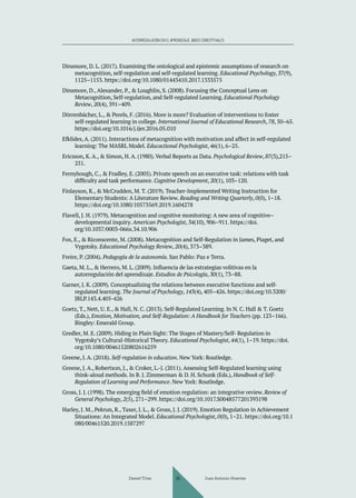 AUTORREGULACIÓN EN EL APRENDIZAJE. BASES CONCEPTUALES
Dinsmore, D. L. (2017). Examining the ontological and epistemic assumptions of research on
metacognition, self-regulation and self-regulated learning. Educational Psychology, 37(9),
1125–1153. https://doi.org/10.1080/01443410.2017.1333575
Dinsmore, D., Alexander, P., & Loughlin, S. (2008). Focusing the Conceptual Lens on
Metacognition, Self-regulation, and Self-regulated Learning. Educational Psychology
Review, 20(4), 391–409.
Dörrenbächer, L., & Perels, F. (2016). More is more? Evaluation of interventions to foster
self-regulated learning in college. International Journal of Educational Research, 78, 50–65.
https://doi.org/10.1016/j.ijer.2016.05.010
Efklides, A. (2011). Interactions of metacognition with motivation and affect in self-regulated
learning: The MASRL Model. Educactional Psychologist, 46(1), 6–25.
Ericsson, K. A., & Simon, H. A. (1980). Verbal Reports as Data. Psychological Review, 87(3),215–
251.
Fernyhough, C., & Fradley, E. (2005). Private speech on an executive task: relations with task
difficulty and task performance. Cognitive Development, 20(1), 103–120.
Finlayson, K., & McCrudden, M. T. (2019). Teacher-Implemented Writing Instruction for
Elementary Students: A Literature Review. Reading and Writing Quarterly, 0(0), 1–18.
https://doi.org/10.1080/10573569.2019.1604278
Flavell, J. H. (1979). Metacognition and cognitive monitoring: A new area of cognitive–
developmental inquiry. American Psychologist, 34(10), 906–911. https://doi.
org/10.1037/0003-066x.34.10.906
Fox, E., & Riconscente, M. (2008). Metacognition and Self-Regulation in James, Piaget, and
Vygotsky. Educational Psychology Review, 20(4), 373–389.
Freire, P. (2004). Pedagogía de la autonomía. San Pablo: Paz e Terra.
Gaeta, M. L., & Herrero, M. L. (2009). Influencia de las estrategias volitivas en la
autorregulación del aprendizaje. Estudios de Psicología, 30(1), 73–88.
Garner, J. K. (2009). Conceptualizing the relations between executive functions and self-
regulated learning. The Journal of Psychology, 143(4), 405–426. https://doi.org/10.3200/
JRLP.143.4.405-426
Goetz, T., Nett, U. E., & Hall, N. C. (2013). Self-Regulated Learning. In N. C. Hall & T. Goetz
(Eds.), Emotion, Motivation, and Self-Regulation: A Handbook for Teachers (pp. 123–166).
Bingley: Emerald Group.
Gredler, M. E. (2009). Hiding in Plain Sight: The Stages of Mastery/Self- Regulation in
Vygotsky’s Cultural-Historical Theory. Educational Psychologist, 44(1), 1–19. https://doi.
org/10.1080/00461520802616259
Greene, J. A. (2018). Self-regulation in education. New York: Routledge.
Greene, J. A., Robertson, J., & Croker, L.-J. (2011). Assessing Self-Regulated learning using
think-aloud methods. In B. J. Zimmerman & D. H. Schunk (Eds.), Handbook of Self-
Regulation of Learning and Performance. New York: Routledge.
Gross, J. J. (1998). The emerging field of emotion regulation: an integrative review. Review of
General Psychology, 2(5), 271–299. https://doi.org/10.1017.S0048577201393198
Harley, J. M., Pekrun, R., Taxer, J. L., & Gross, J. J. (2019). Emotion Regulation in Achievement
Situations: An Integrated Model. Educational Psychologist, 0(0), 1–21. https://doi.org/10.1
080/00461520.2019.1587297
Daniel Trías Juan Antonio Huertas
45
 