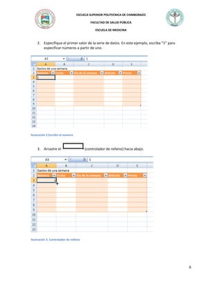 ESCUELA SUPERIOR POLITECNICA DE CHIMBORAZO
FACULTAD DE SALUD PÚBLICA
ESCUELA DE MEDICINA

2. Especifique el primer valor de la serie de datos. En este ejemplo, escriba “1” para
especificar números a partir de uno.

Ilustración 2.Escribir el numero

3. Arrastre el

(controlador de relleno) hacia abajo.

Ilustración 3. Controlador de relleno

6

 
